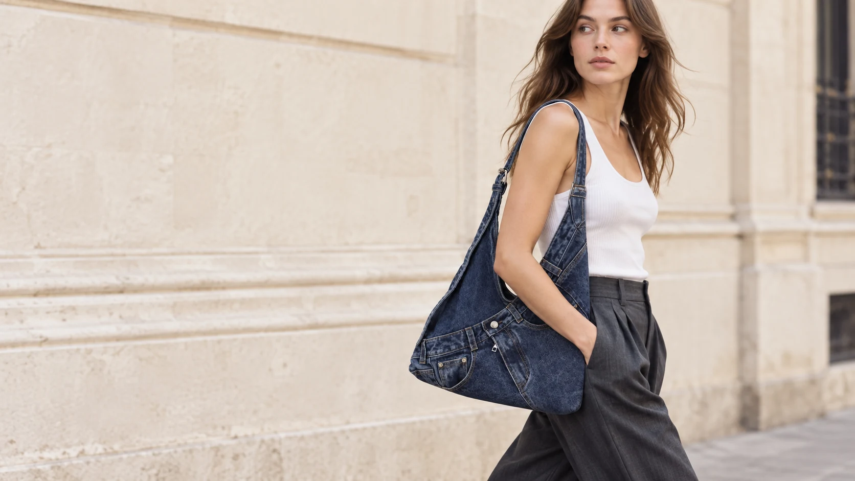 Model wearing a Deep Indigo denim shoulder bag with a white tank and charcoal trousers.