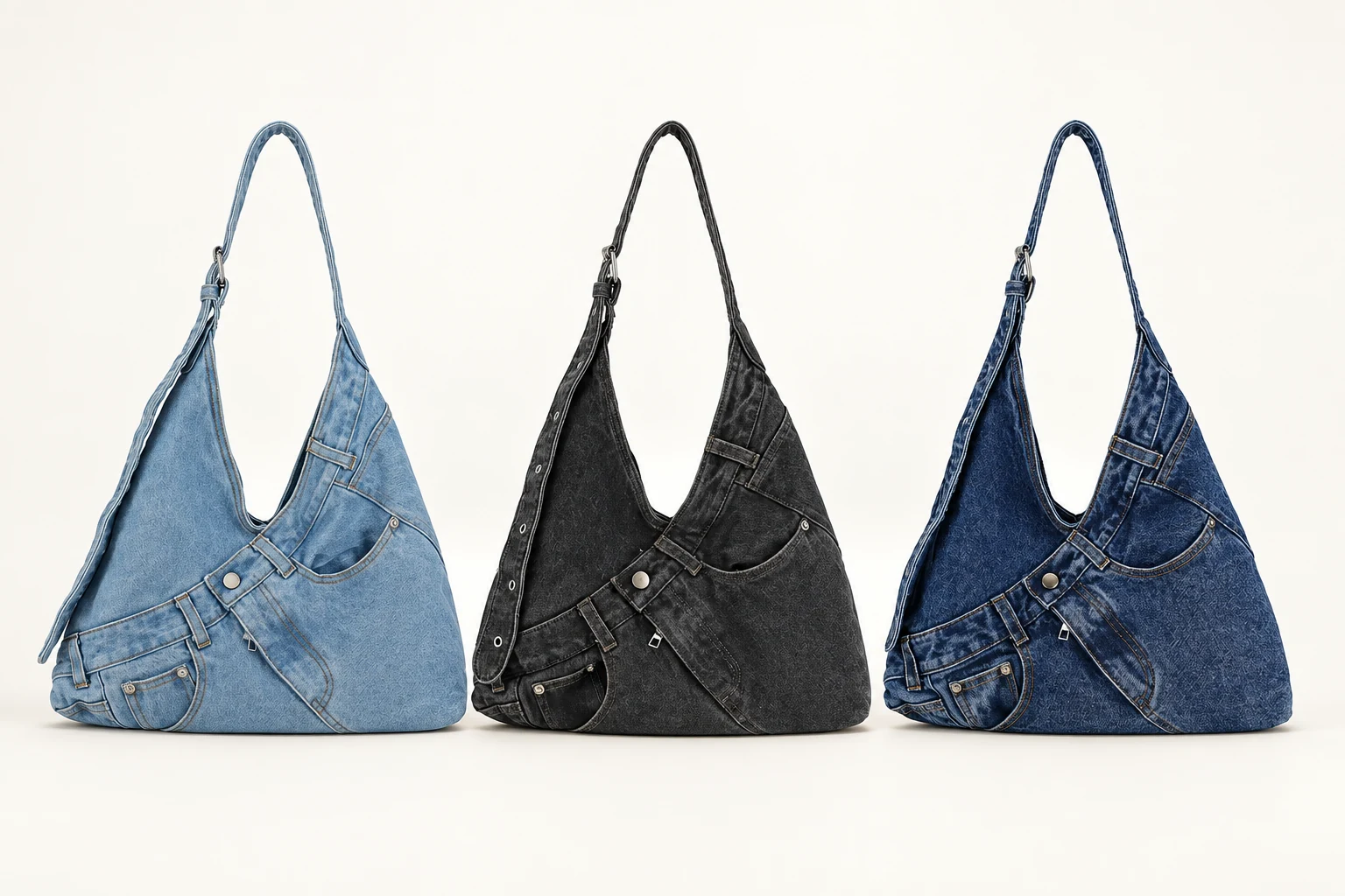 Faded Blue asymmetric denim shoulder bag.